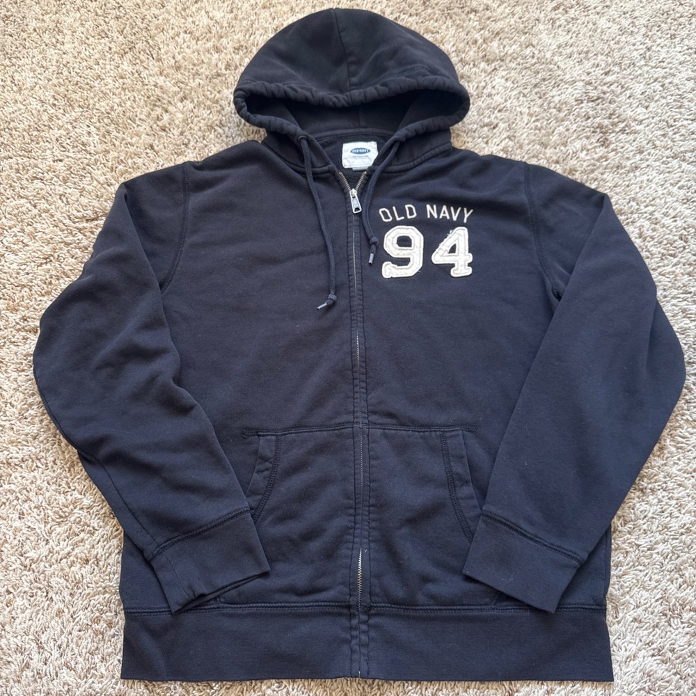 Old Navy 94 Graphic Full Zip Hoodie Mens Large Black Y2K 2000s Fleece Sweatshirt